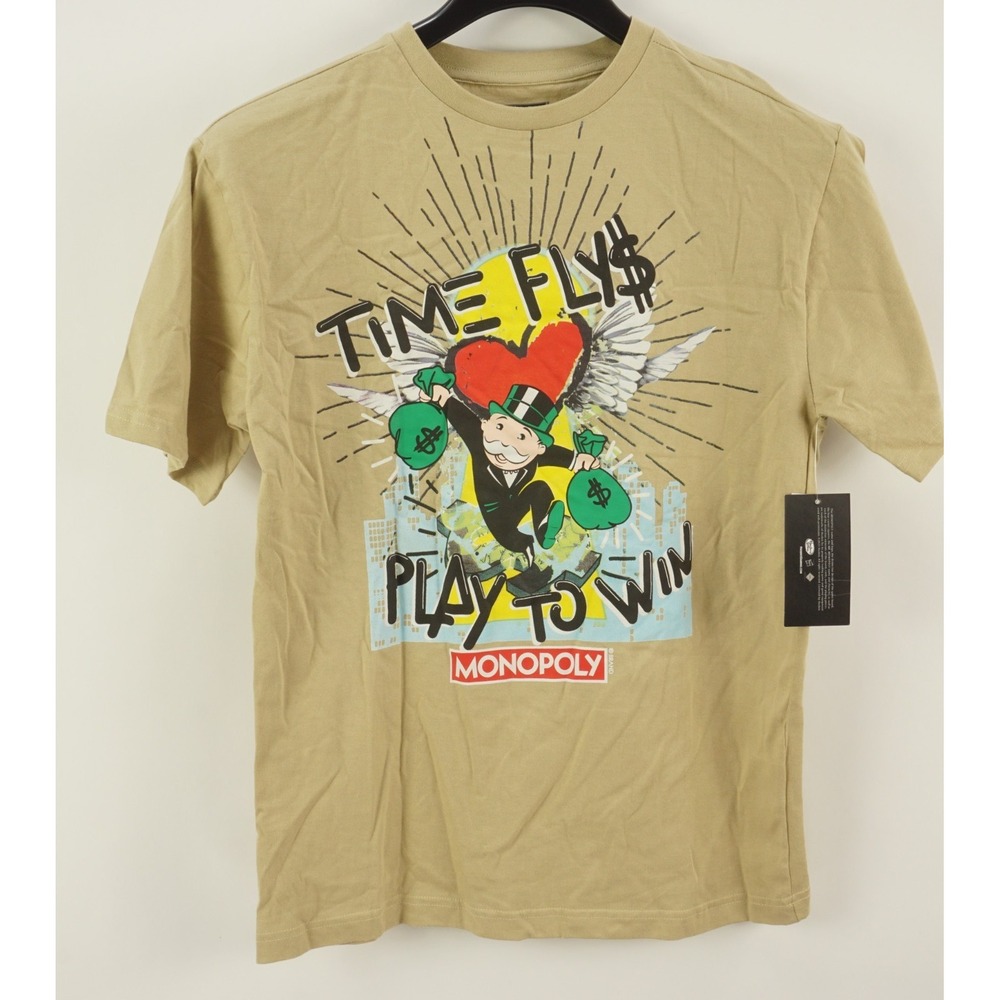 New Monopoly Time Is Money Men's Small Short‎ Sleeve Khaki Brown Graphic T-Shirt